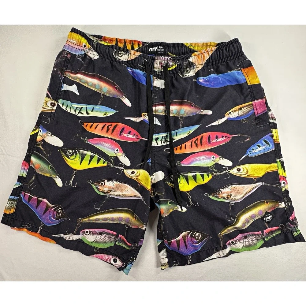 Neff Men's XL Swim Shorts Black/Multicolor Fish Print Drawstring Pockets